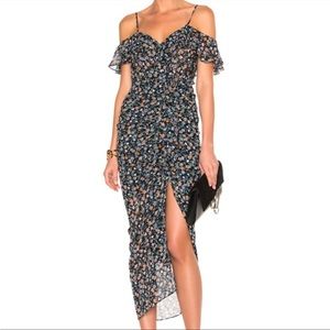 NWT Veronica Beard Marilyn Cold Shoulder Ruffle Silk Midi Dress.